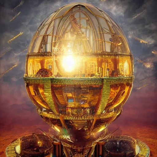 Image similar to enormous flying city in a faberge egg, sky, steampunk, fantasy art, masterpiece, unreal engine, intricate, intricate, intricate