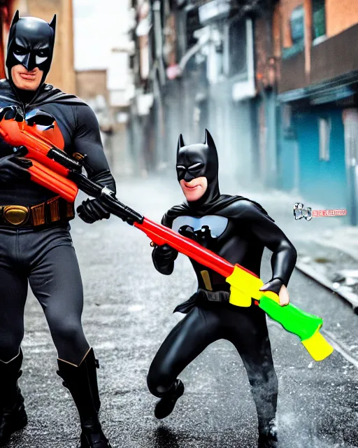 Prompt: happy batman firing super soaker water gun in an alleyway, everyone having fun, toy product advertisement, photography