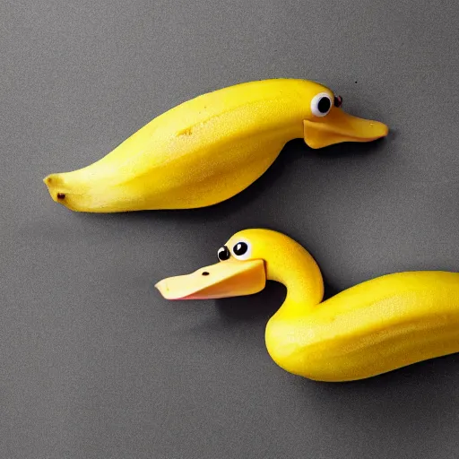 Image similar to professional photograph of banana ducks, peeled bananas with googly eyes and duck beaks