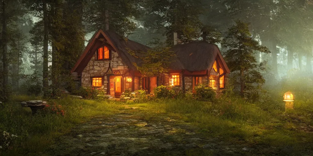 Prompt: a cottage in the woods, 8k, fantasy, hyper realistic, dramatic lighting