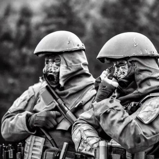 Prompt: British mercenaries wearing grey body armor smoking cigarettes in the aftermath of a bloody battle, photo by Adam Ferguson, Pulitzer Winning, cinematic composition, breathtaking, modern, 2022