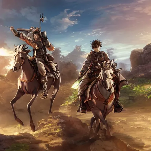 Prompt: calvary soldiers riding to their deaths on the battlefield. hyperrealistic anime background illustration by kim jung gi, extremely detailed faces, intricate linework, smooth, super sharp focus, bright colors, high contrast, matte, octopath traveler, studio ghibli, unreal engine 5 highly rendered, global illumination, radiant light