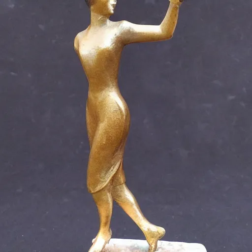 Image similar to antique 1930s France art deco. bronze figurine of a woman dancing. on marble base. by Briand Marcel Bouraine. 30cm. high detail photograph. studio