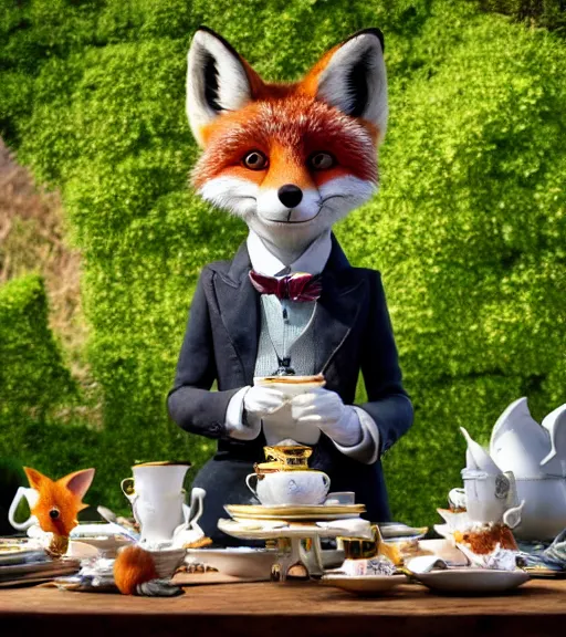 Image similar to film still from the movie chappie outdoor park plants garden scene bokeh depth of field sitting down at a table having a delicious grand victorian tea party crumpets close up masterpiece portrait of a furry anthro anthropomorphic stylized fox wearing suit