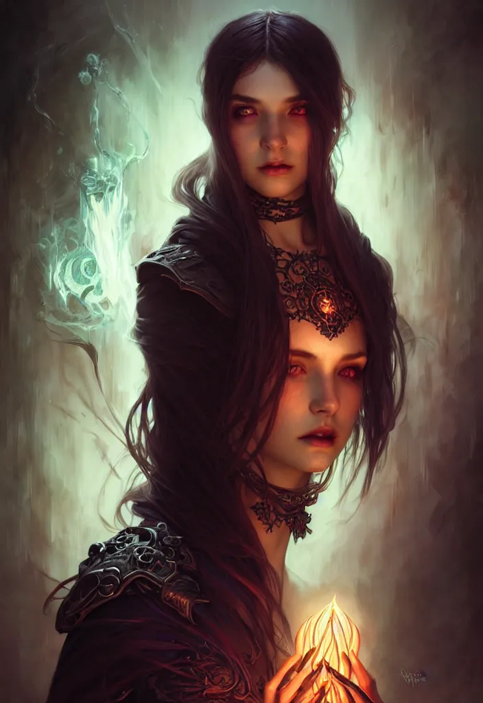 Image similar to Necromancer Sorceress, fantasy magic, undercut hairstyle, dark light night, intricate, elegant, sharp focus, illustration, highly detailed, digital painting, concept art, matte, art by WLOP and Artgerm and Greg Rutkowski and Alphonse Mucha, masterpiece