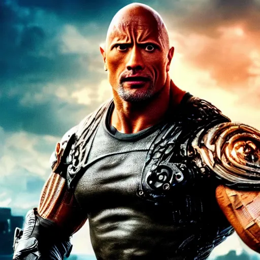 Prompt: cinematic still of dwayne johnson in alita : battle angel ( 2 0 1 9 ), xf iq 4, f / 1. 4, iso 2 0 0, 1 / 1 6 0 s, 8 k, raw, dramatic lighting, symmetrical balance, in - frame