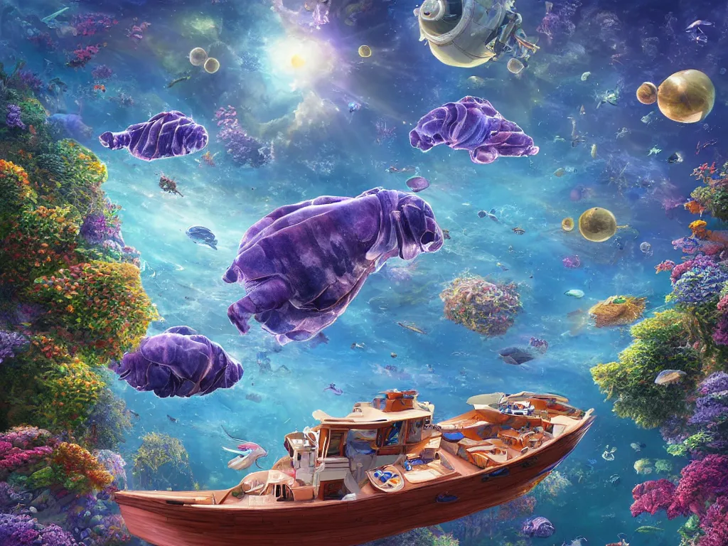 Prompt: microcosmos creatures rendered larger than life, giant tardigrade swimming underneath a small boat in an ocean, bird's eye perspective, digital art, unreal engine, thomas kinkade