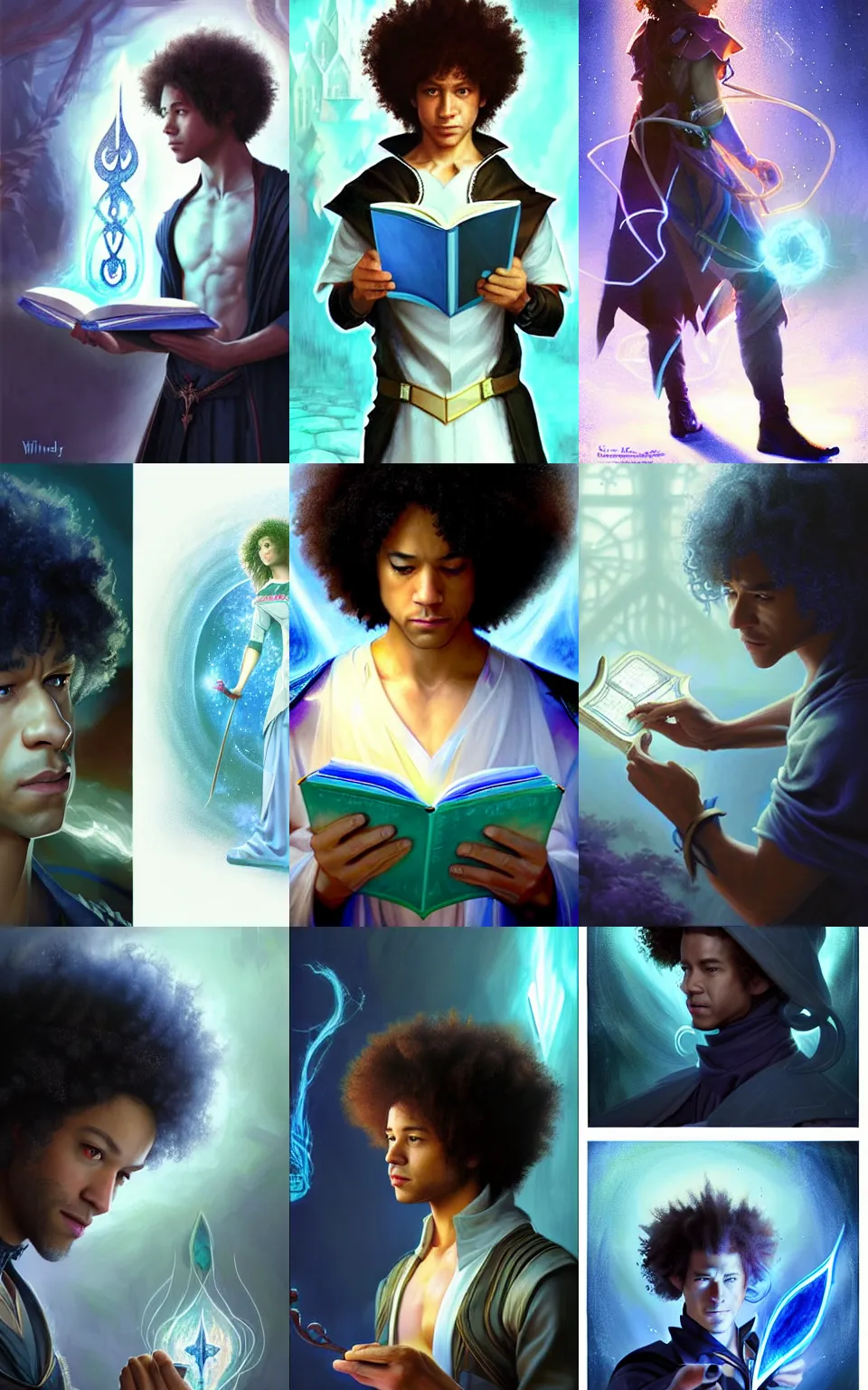 Prompt: character concept portrait of Corbin bleu as a elf wizard enchanting a rune of power, a floating blue spell book in the center, intricate, elegant, digital painting, concept art, smooth, sharp focus, illustration, from Metal Gear, by Ruan Jia and Mandy Jurgens and William-Adolphe Bouguereau, Artgerm