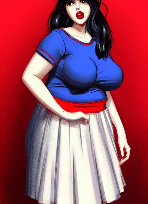 Image similar to full body portrait of teenage veronica lodge, obese, bangs, sultry, realistic, sultry smirk, wavy hair, red skirt, fat, belly, intricate, elegant, glowing lights, highly detailed, digital painting, artstation, concept art, smooth, sharp focus, illustration, art by wlop, mars ravelo and greg rutkowski