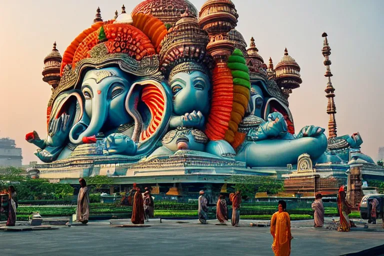 Prompt: beautiful futuristic new delhi, sharp sci - fi ganesha!! building, kalighat flowers, highly detailed cinematic, stephen shore & john j. park, soft morning light, wide shot, ground angle, uhd 8 k, shallow depth of field