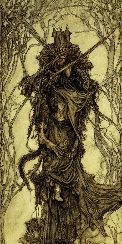 Image similar to tarot card detailed painting, illustration, colorful, tarot card ornate framing with roman numerals, in style of Arthur Rackham, Jakub Różalski