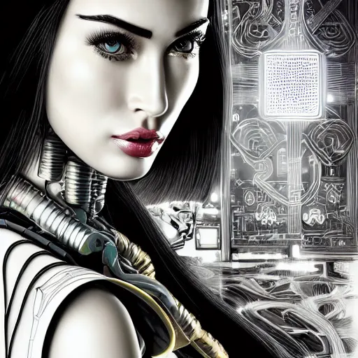 Image similar to the portrait of an elegant, sophisticated, fashionable ottomanpunk robotess idol, an ultrafine illustration of young half asian megan fox mix by kim jisu, intricate linework, neon wiring, fashion, porcelain skin, unreal engine 5 highly rendered, global illumination, radiant light, detailed and intricate environment, by rutkowski, artgerm, marvel comics