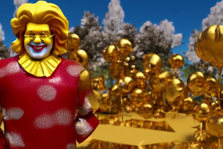 Image similar to a still of ronald mcdonald surrounded by gold and diamonds, award - winning, photograph, 3 d render, unreal engine, 4 k detailed