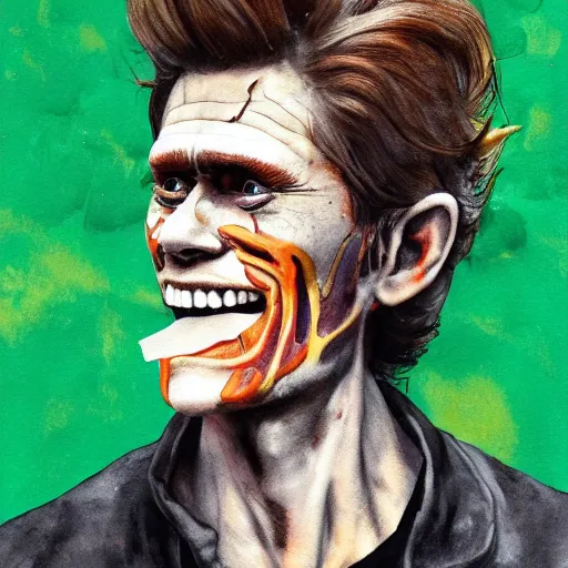 Prompt: portrait of a willem dafoe eating big mac, hamburgers everywhere, with aquarelle painted skin. close up, very dark brown hair, light eyes, intricate dark flowers pattern background, high detail, by Eddie Mendoza