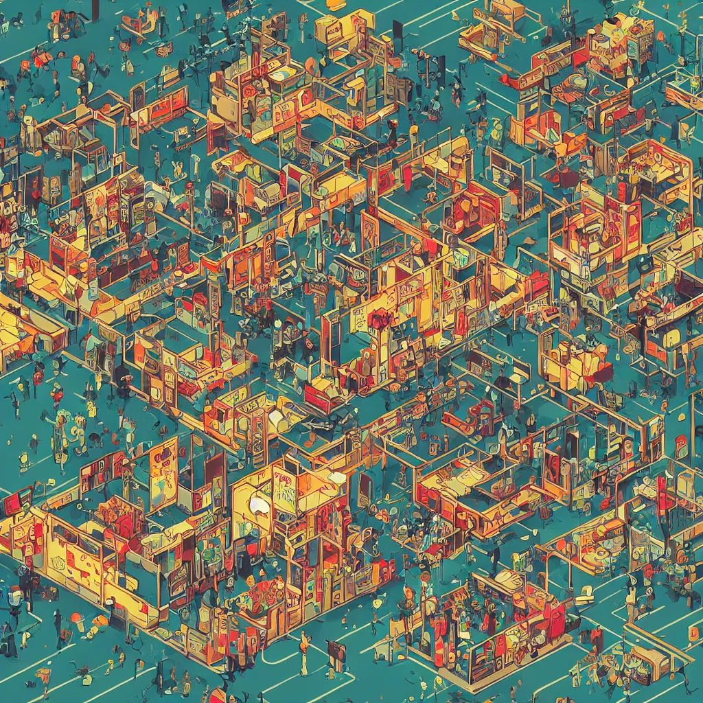 Image similar to isometric view illustration of a video games arcade, highly detailed mid day by Victo Ngai