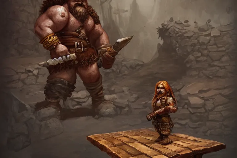 Prompt: barbarian dwarf holding a rustic rectangle wooden table with spikes sticking out of it. Dungeons and dragons fantasy digital art, artstation highquality 4k