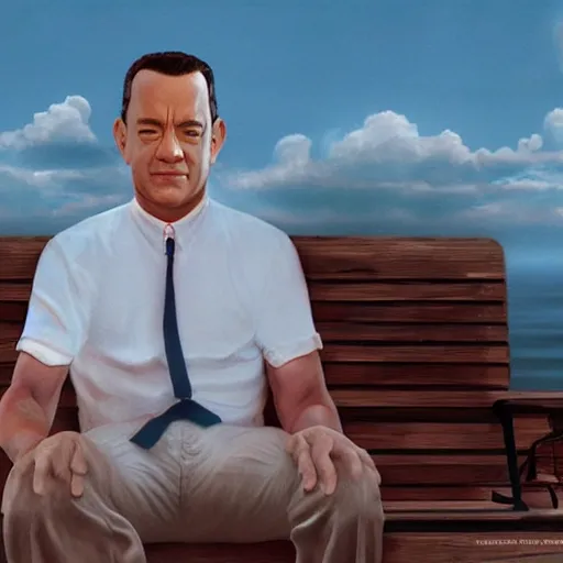 Prompt: tom hanks as forrest gump with giant shrimp heads instead of hands, photorealistic, cgsociety, artstation