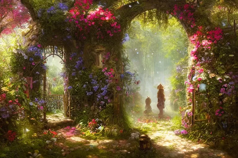 Image similar to gateway to fairyland, fireflies, mushrooms, multicoloured flowers, the secret garden. the hidden garden. private garden. andreas achenbach, artgerm, mikko lagerstedt, zack snyder, tokujin yoshioka