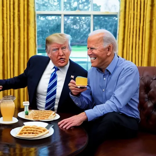 Image similar to photograph of trump and Biden sitting and eating breakfast at a Wafflehouse