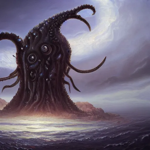 Image similar to a continent in the shape of a lovecraftian old god protruding from the earth oil painting. oil on canvas. award winning. dramatic. trending on artstation 8 k