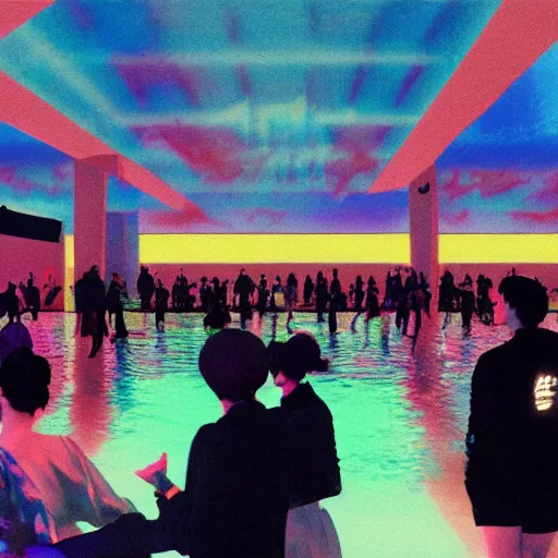 Prompt: vaporwave, people communicating with each other in groups of ten, a large hall, dim painterly lighting volumetric aquatics, party