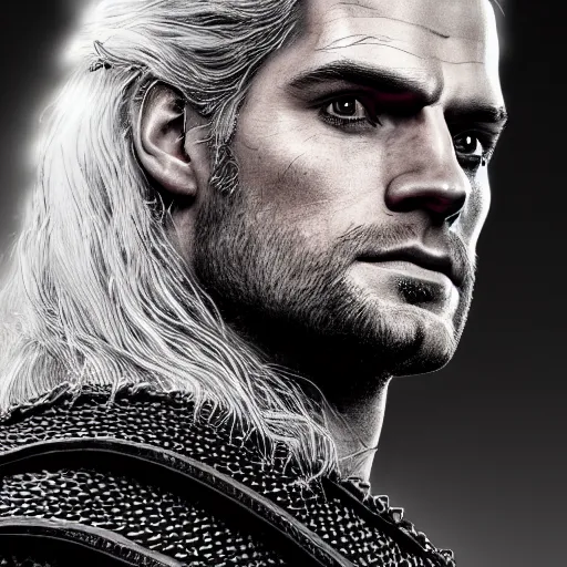 Image similar to an epic portrait of henry cavill as witcher, witcher, handsome, white hair, detailed face, epic fantasy art, trending on artstation, deviantart, high detail, high definiton, ultra realistic, hyper realistic, photo realistic, 4 k uhd,