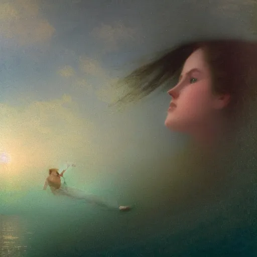 Prompt: a woman swimming underwater by Ivan Aivazovsky and Odilon Redon, skin flaking off like burnt paper, different colored multicolored eyes, long flowing hair underwater, imagination cosmic dream, dreamy, 8k bokeh, award winning , trending on artstation,