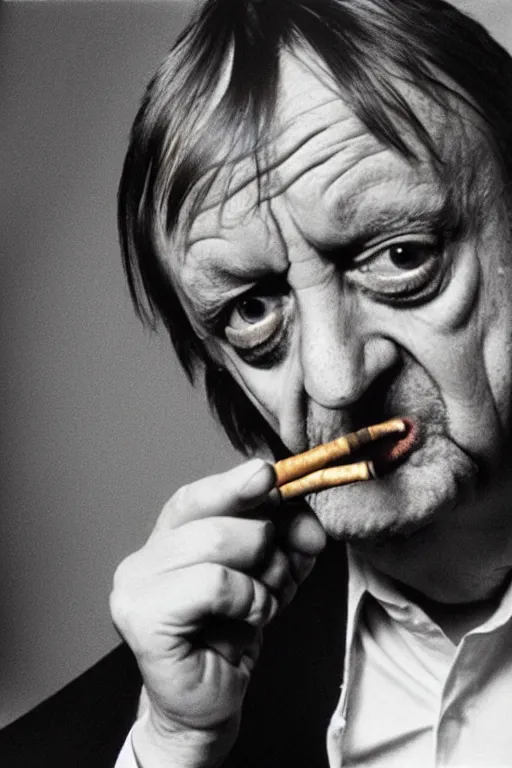 Prompt: highly detailed full colour photo of Mark E Smith, smoking a cigarette