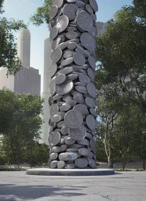 Prompt: highly detailed realistic architecture 3 d render of a futurisctic stele made from stacks of coins standing in a city park, archdaily, made in unreal engine 4 octane render