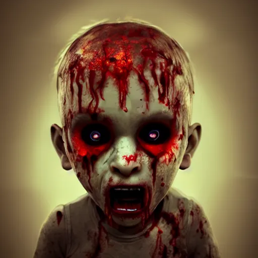 Image similar to angry zombie toddler without eyes portrait, empty bloody - black eyesockets, horror core, apocalyptic, feeling of grimdark, sharp focus, fiction, hyper detailed, digital art, trending in artstation, cinematic lighting, studio quality, smooth render, unreal engine 5 rendered, octane rendered, art style and nixeu and wlop and krenz cushart