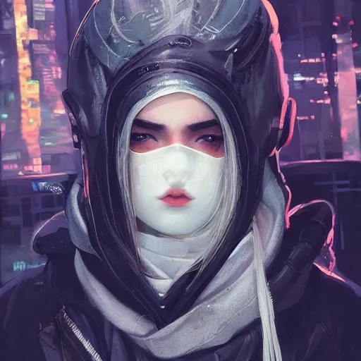 Image similar to very cool girl white hair girl with mask, streetwear, techwear, cyberpunk style outfit, full body, nose piercing, detailed portrait, intricate complexity, by greg rutkowski, cushart krentz, artgerm, ross tran, conrad roset, takato yomamoto, ilya kuvshinov. 4 k, beautiful, cinematic dramatic atmosphere