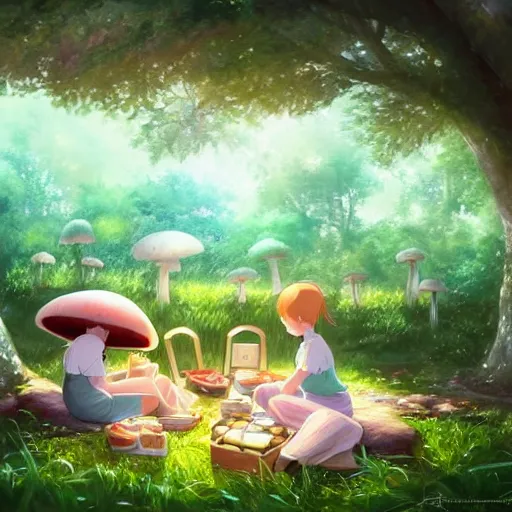 Image similar to a cute picnic in a mushroom forest. soft lighting, cgsociety masterpiece, artstation trending, studio ghibli, 4k, digital art, concept art