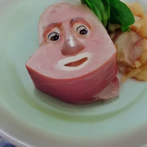 Prompt: !!! eisbein!!! with the face of albert einsteon on a eisbein, pickled!!! ham!!! hock with the face of einstein, food photography, mash and gravy and eisbein with peas on a plate