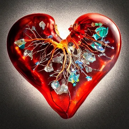 Prompt: anatomical human heart made of cracked glass and gemstones, realistic fantasy photography, dramatic lighting