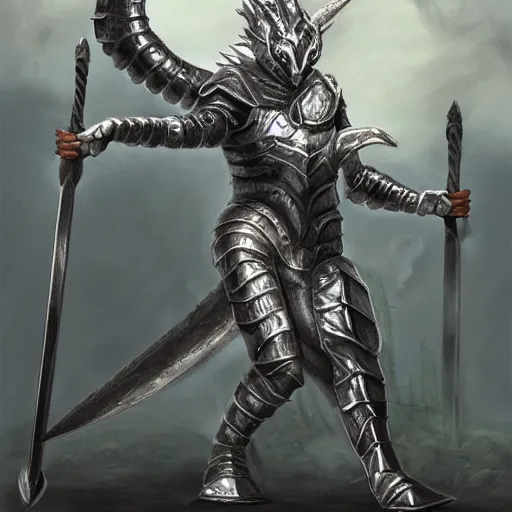 Prompt: anthro silver dragon wearing a medieval armor, holding a sword, digital art, fantasy art, matte painting, renaissance painting