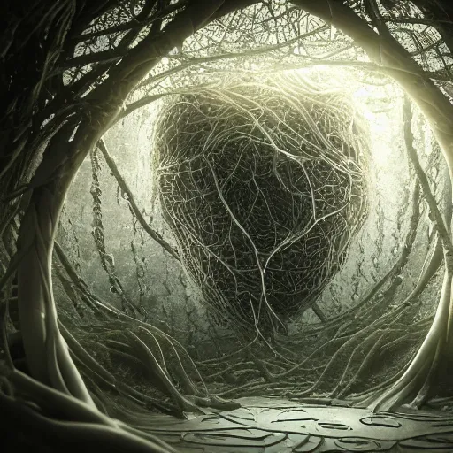 Prompt: biocomputer human organ inside a bio - neural antique lace, in a biomechanical cave forest, futuristic environment, matte painting, diffused lighting, highly detailed cinematic, atmosphere, diffused lighting, highly detailed digital art, trending on artstation, depth of field, wide angle