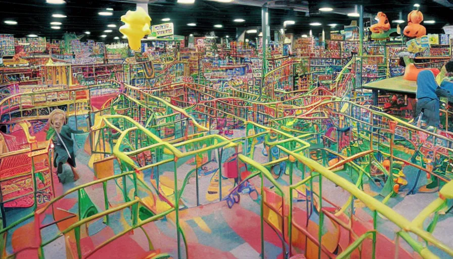 Image similar to 1990s photo of inside the Boring News Grown up errands ride at Universal Studios in Orlando, Florida, children riding on tiny minivans go-carts through a fake grocery store maze course , Nickelodeon slime blaster, flying soccer balls, business men, cinematic, UHD