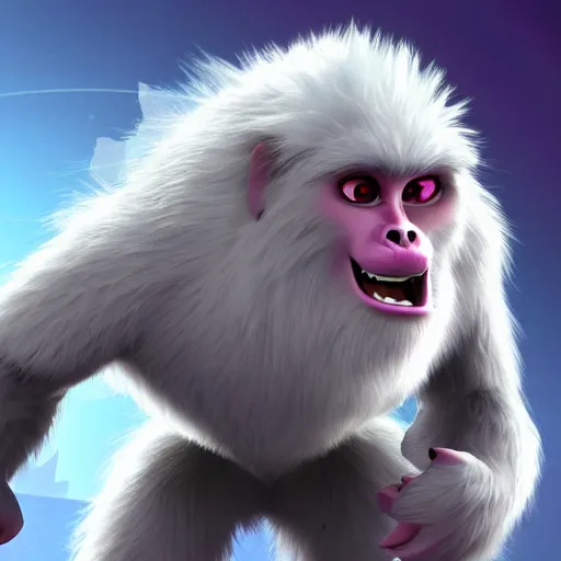 Image similar to concept art for the yeti, a white snow primate, in style of disney animation, expressive face, detailed face, detailed eyes, full body, feminine face, tracer overwatch, disney, pixar