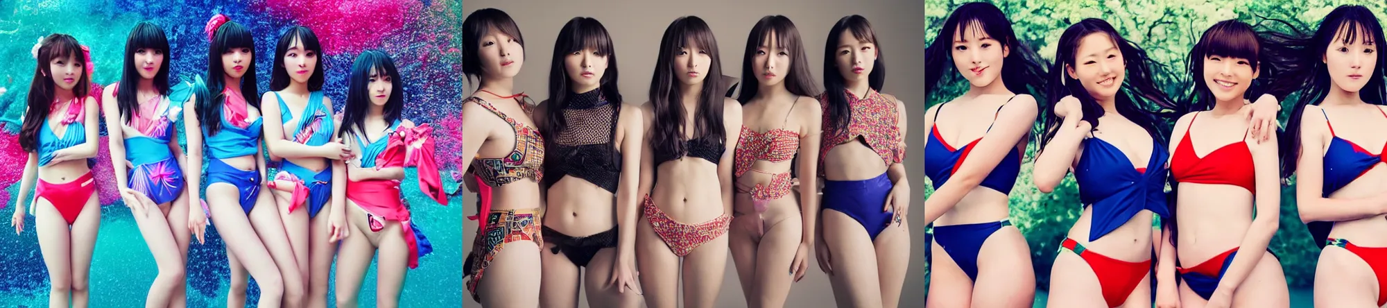 Image similar to unbelievably beautiful, perfect, dynamic, epic, cinematic 8 k hd movie shot, three beautiful cute young j - pop idols av actresses in japanese girl band, posing together in swimsuits. hollywood style, at behance, at netflix, with instagram filters, photoshop, adobe lightroom, adobe after effects, taken with polaroid kodak portra