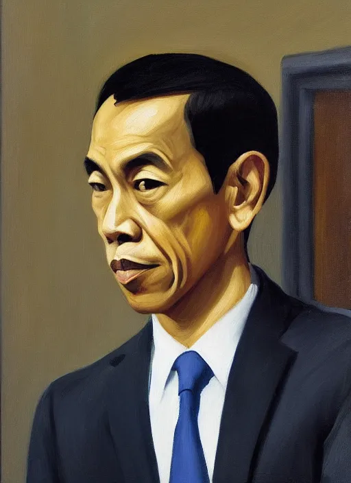 Prompt: minimalist jokowi portrait oil painting by edward hopper