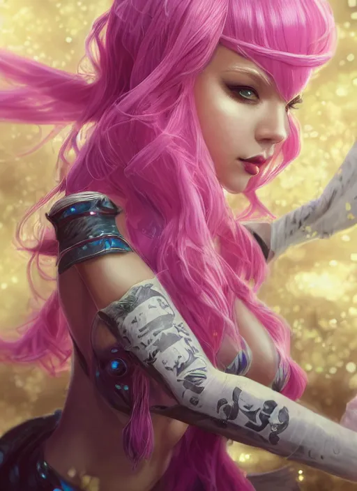 Image similar to seraphine, from league of legends, pink hair, musician, musical keyboard, hyper detailed, digital art, trending in artstation, cinematic lighting, studio quality, smooth render, unreal engine 5 rendered, octane rendered, art style by klimt and nixeu and ian sprigger and wlop and krenz cushart