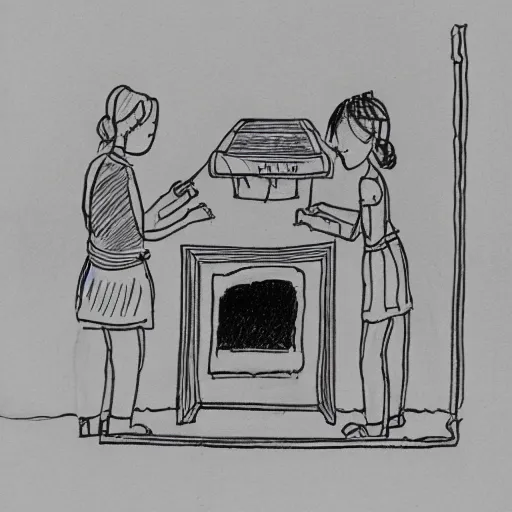 Image similar to very simple line drawing of a furnace with people around it, pen on paper simple drawing by a 7 year old