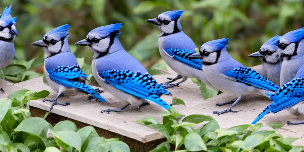 Image similar to a group of blue jay birds having a tea party.