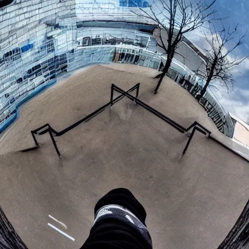 Prompt: Photo from a parkour player's point of view, motion photo