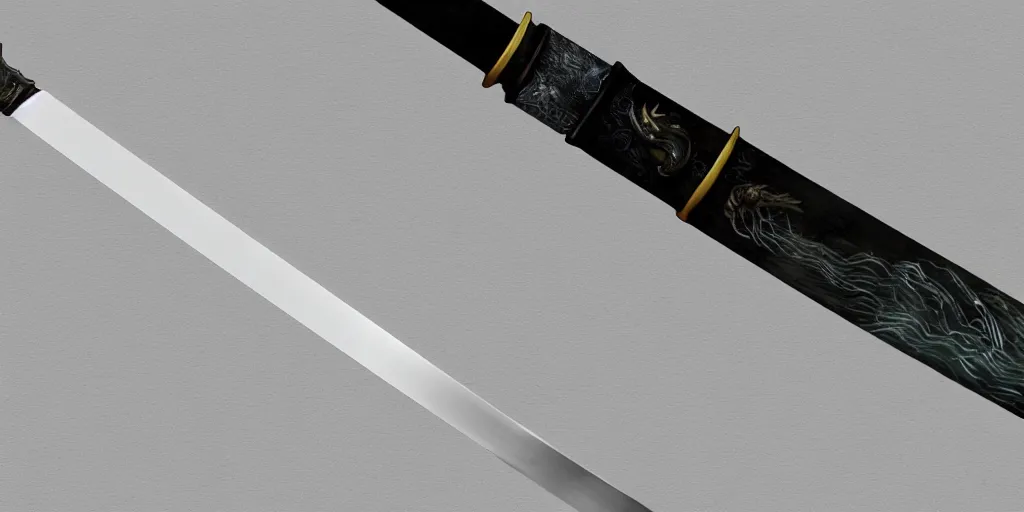 Image similar to Full Katana with Water Blade made only out of flowing and only Water, artstyle from Rzky Dar, the blade is made out of steel with a dragon sigil, a water stream goes like spiral around the blade, white background, raytracing, blade is replaced with water, blade is replaced with water