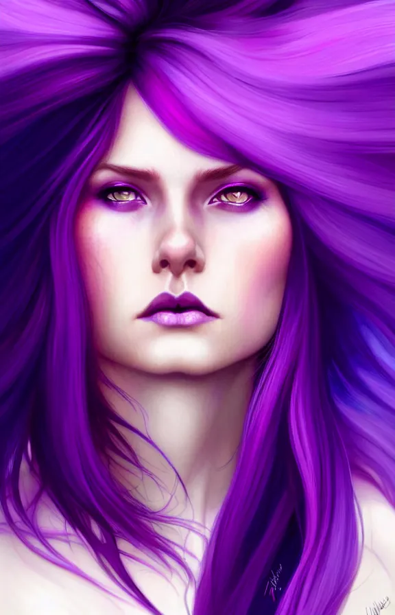 Image similar to Purple hair relistic Portrait of a woman with bright colored flying hair, all shades of purple. Hair coloring, long hair, blue eyes, fantasy, intricate, elegant, highly detailed, digital painting, artstation, concept art, smooth, sharp focus, illustration, art by artgerm and greg rutkowski and alphonse mucha