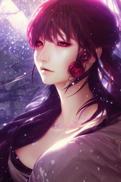 Image similar to ”beautiful anime woman, modern, cyberpunk, fantasy, magical, eerie, intricate, elegant, super highly detailed, professional digital painting, artstation, concept art, 8k, art by artgerm and alohonse mucha and eiichiro oda”