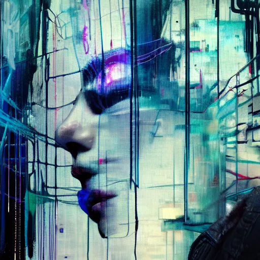 Image similar to i live in vr cyber dreams, glitchcore wires, machines, by jeremy mann, francis bacon and agnes cecile, and dave mckean ink drips, paint smears, digital glitches glitchart