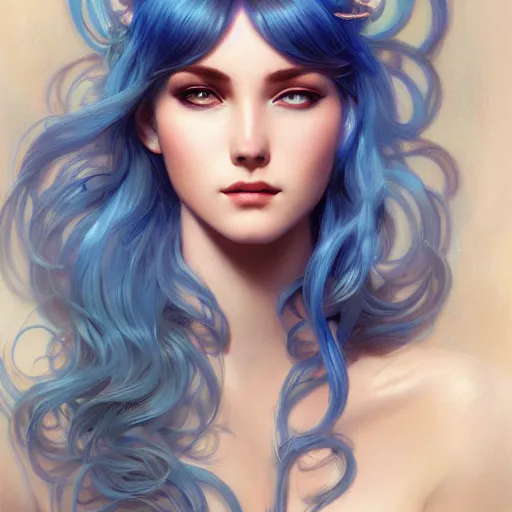 Image similar to goddess, blue hair, intricate, elegant, ethereal, highly detailed, retro, digital painting, artstation, concept art, smooth, sharp focus, full body shot, illustration, art by artgerm and greg rutkowski and alphonse mucha