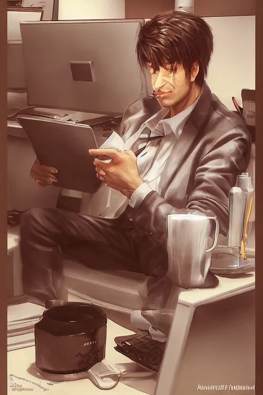 Image similar to a clean - shaven persian man drinking coffee from a paper cup at his work cubicle in front of a computer, by artgerm and yoshitaka amano, trending on artstation